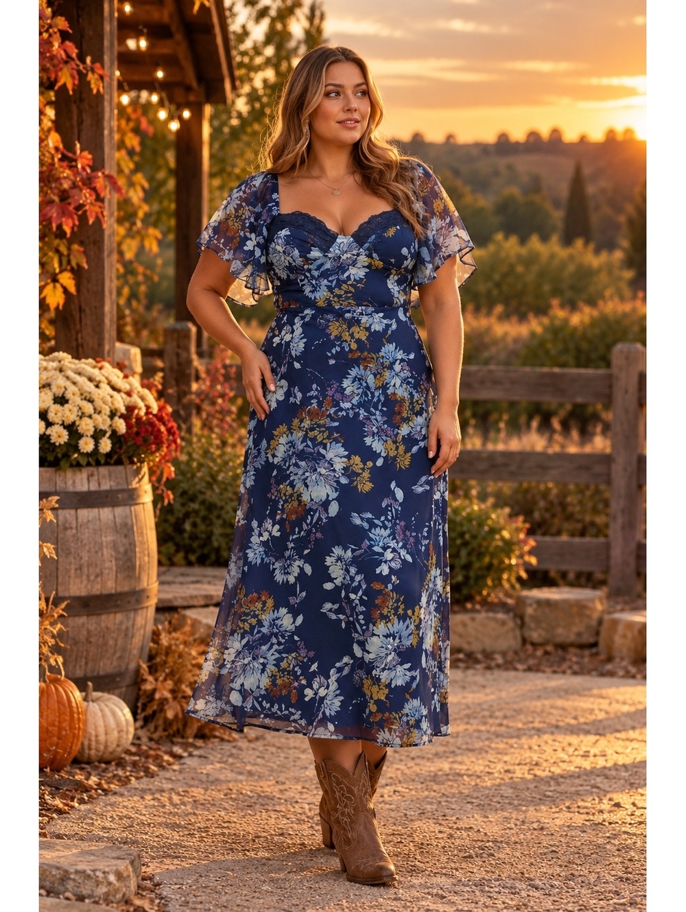 NWT Lulus Valla Navy Blue Floral Flutter Sleeve Midi Dress XXL